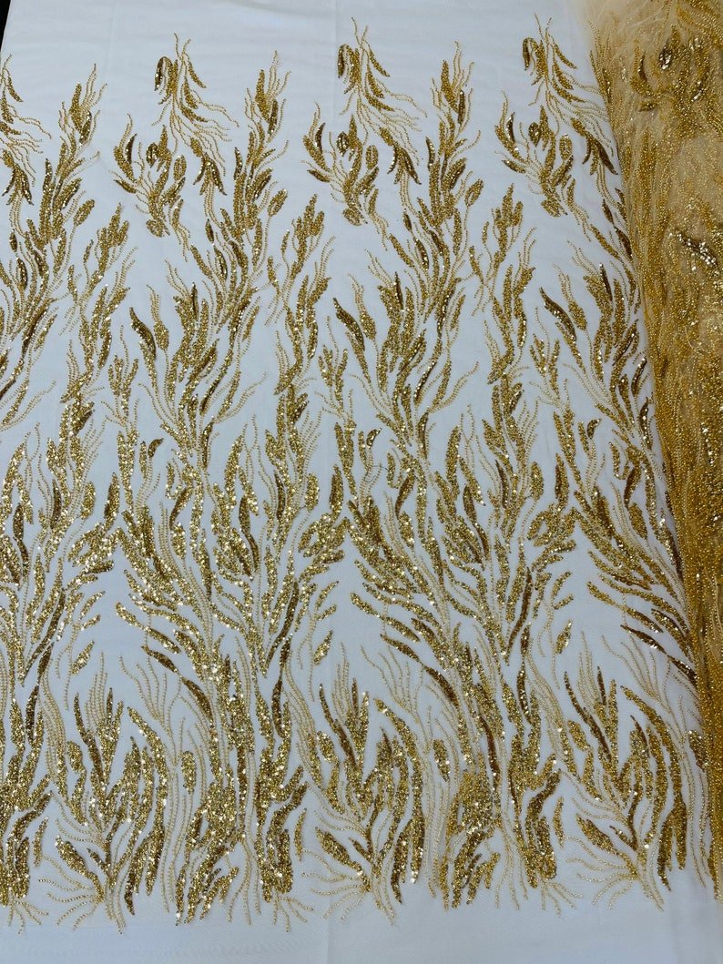 Fancy Vine Beaded Lace Polyester Fabric - Hand Beaded Vine Pattern, 54" Width (1 Yard)