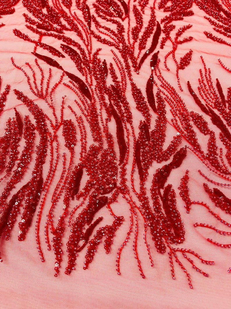 Fancy Vine Beaded Lace Polyester Fabric - Hand Beaded Vine Pattern, 54" Width (1 Yard)
