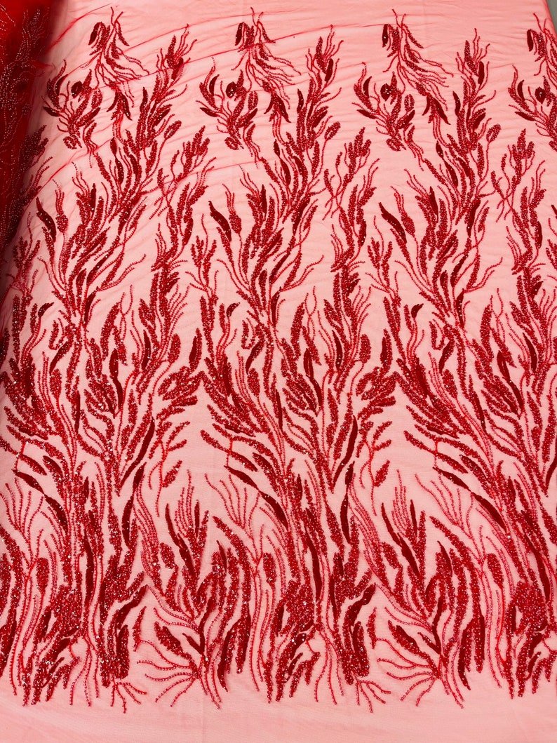 Fancy Vine Beaded Lace Polyester Fabric - Hand Beaded Vine Pattern, 54" Width (1 Yard)
