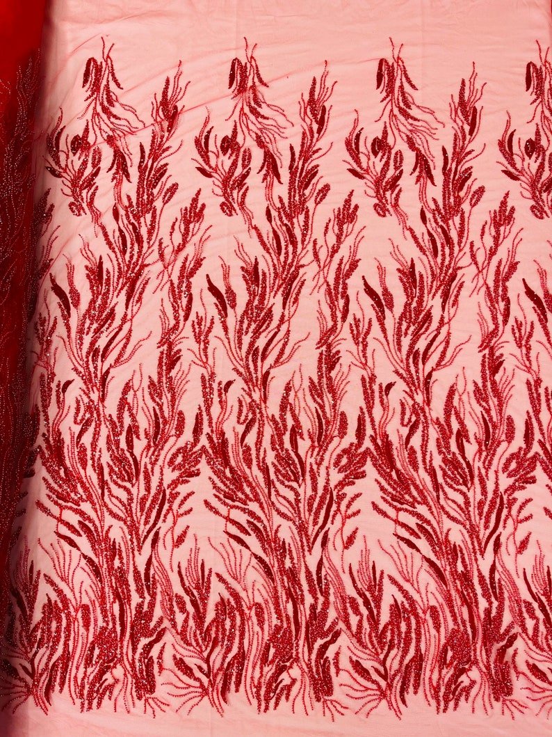 Fancy Vine Beaded Lace Polyester Fabric - Hand Beaded Vine Pattern, 54" Width (1 Yard)