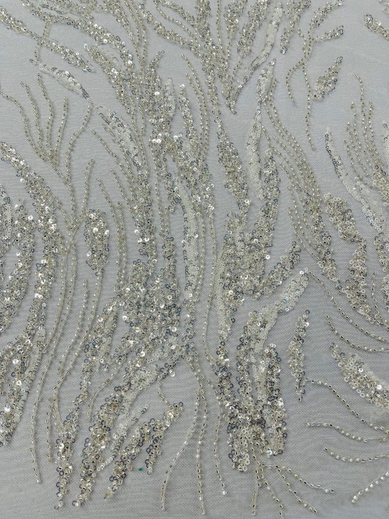 Fancy Vine Beaded Lace Polyester Fabric - Hand Beaded Vine Pattern, 54" Width (1 Yard)