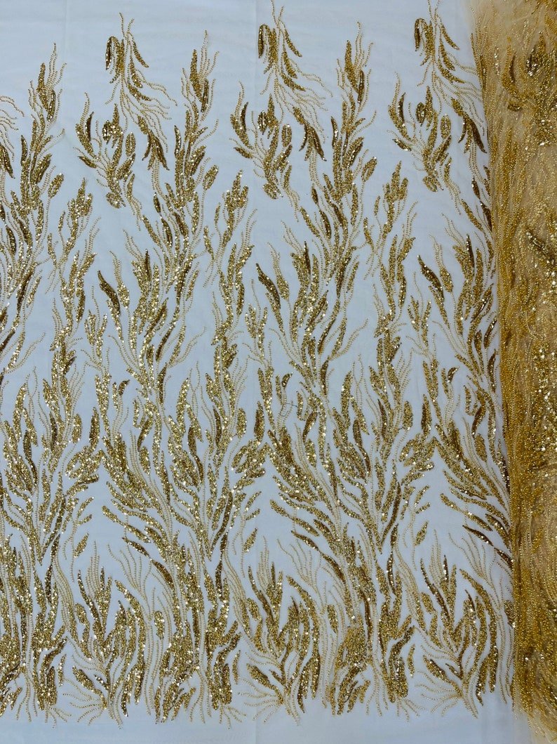 Fancy Vine Beaded Lace Polyester Fabric - Hand Beaded Vine Pattern, 54" Width (1 Yard)