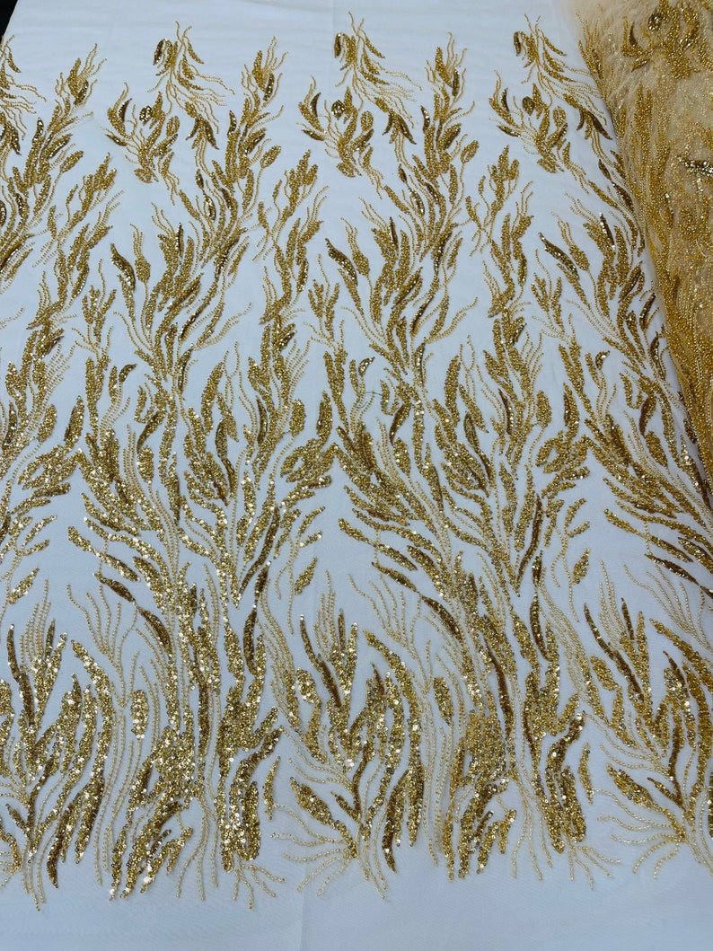 Fancy Vine Beaded Lace Polyester Fabric - Hand Beaded Vine Pattern, 54" Width (1 Yard)