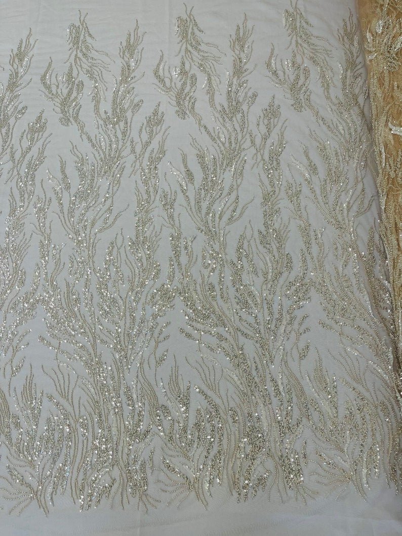 Fancy Vine Beaded Lace Polyester Fabric - Hand Beaded Vine Pattern, 54" Width (1 Yard)