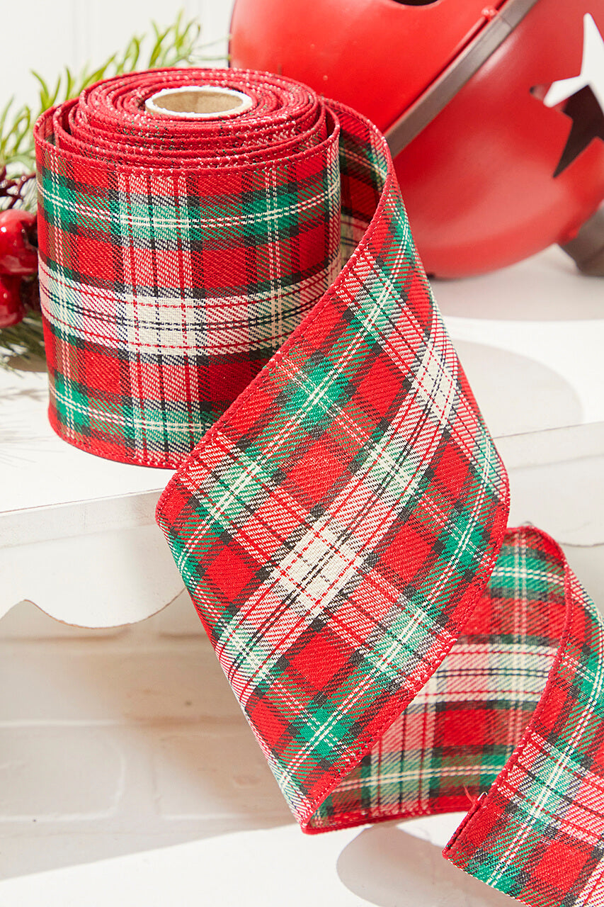4" x 10 Yard Red/Green/White Plaid Ribbon