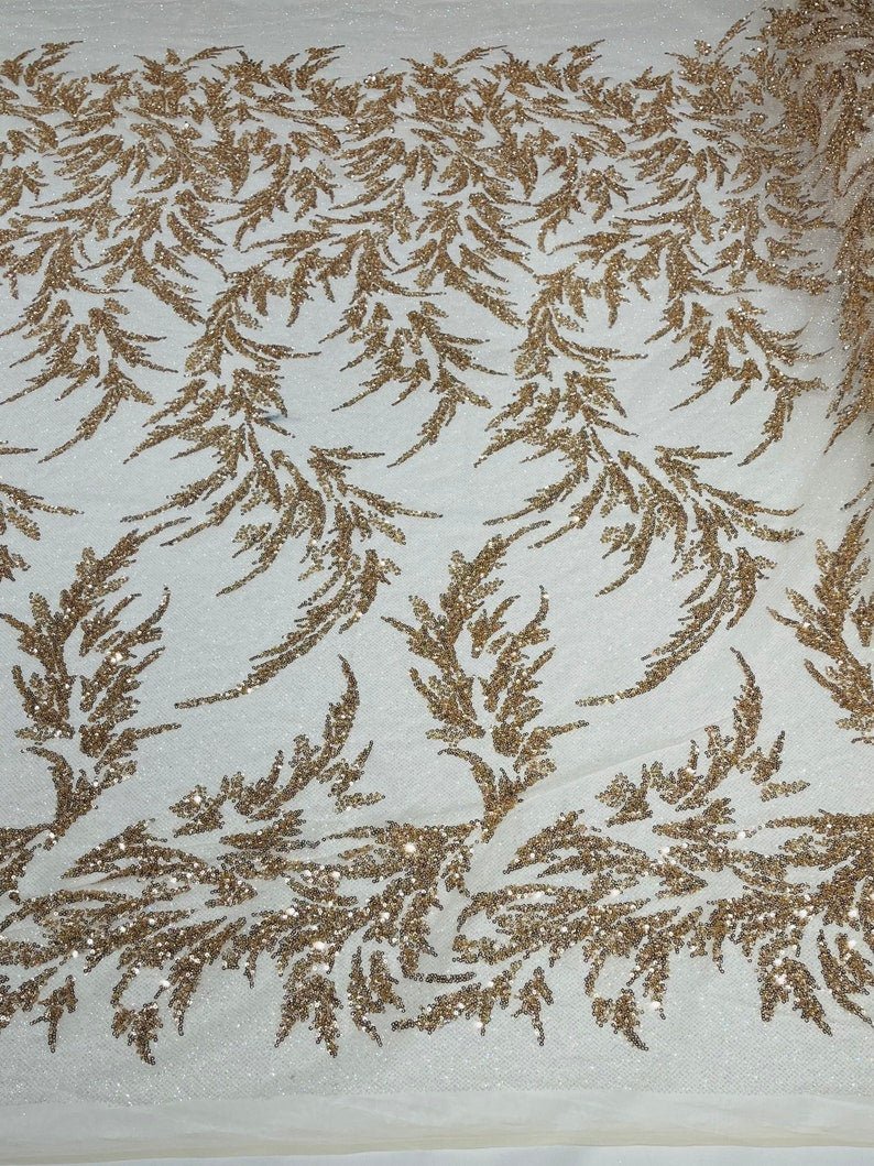 Fashion Beaded Lace With Glitter Mesh Fabric - Hand Beaded Vine Lace, Glitter Mesh, 54" Width (1 Yard)