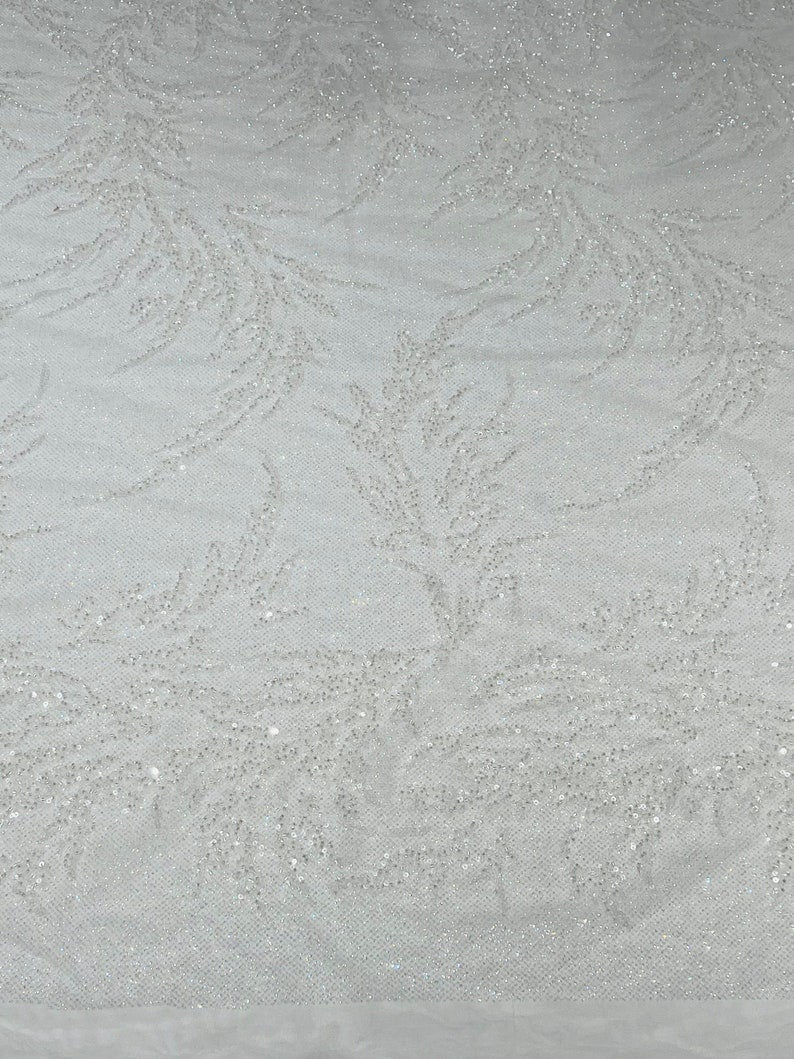 Fashion Beaded Lace With Glitter Mesh Fabric - Hand Beaded Vine Lace, Glitter Mesh, 54" Width (1 Yard)