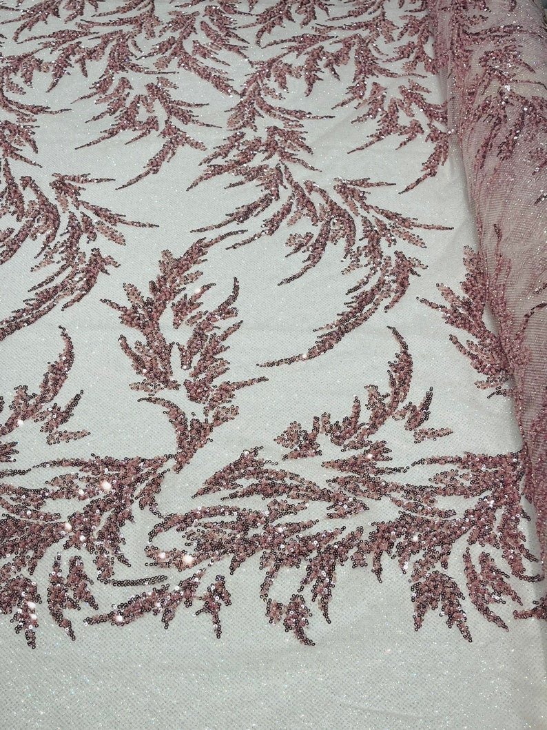 Fashion Beaded Lace With Glitter Mesh Fabric - Hand Beaded Vine Lace, Glitter Mesh, 54" Width (1 Yard)