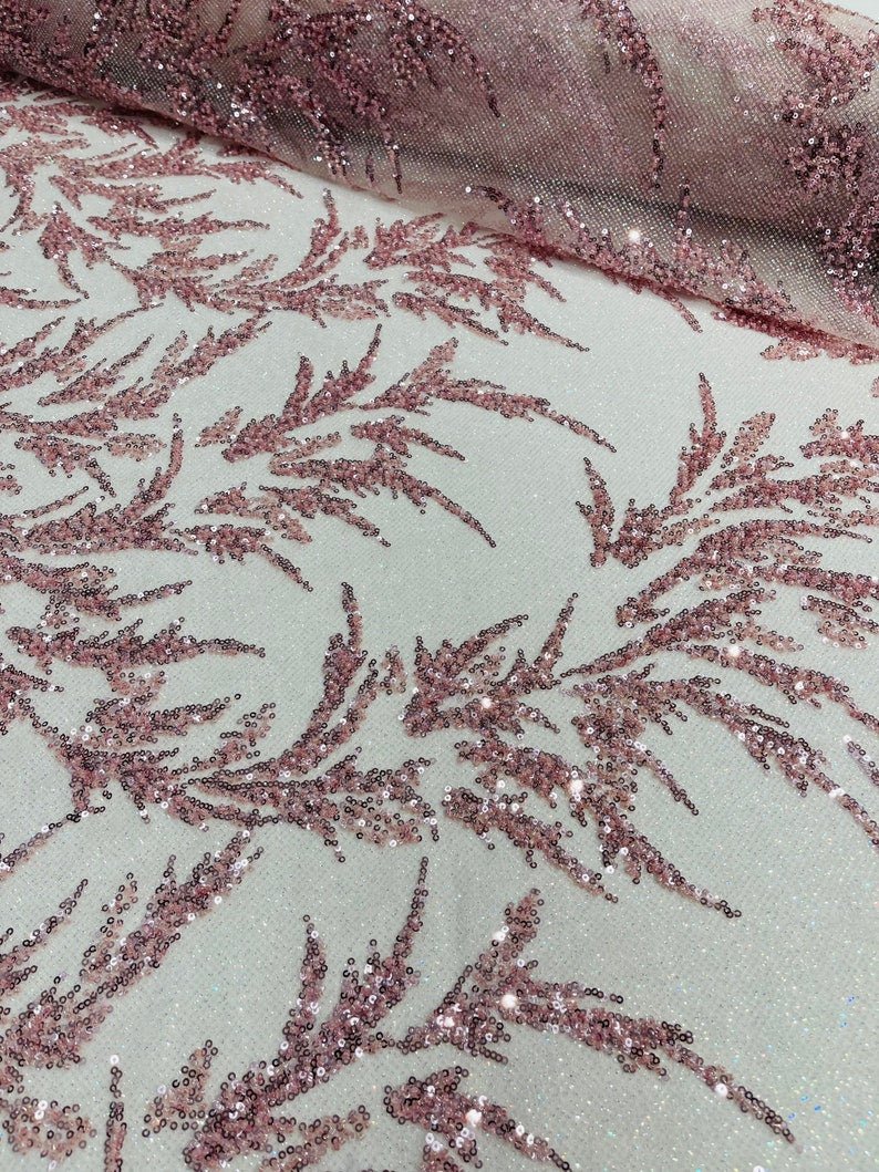 Fashion Beaded Lace With Glitter Mesh Fabric - Hand Beaded Vine Lace, Glitter Mesh, 54" Width (1 Yard)