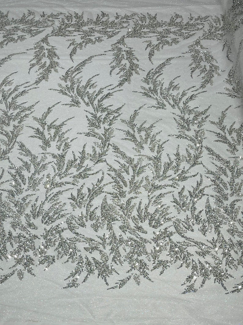 Fashion Beaded Lace With Glitter Mesh Fabric - Hand Beaded Vine Lace, Glitter Mesh, 54" Width (1 Yard)