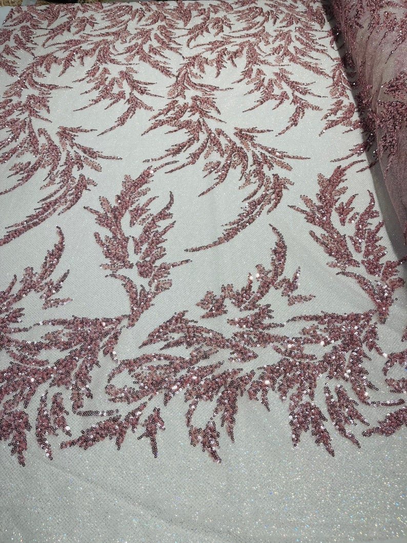 Fashion Beaded Lace With Glitter Mesh Fabric - Hand Beaded Vine Lace, Glitter Mesh, 54" Width (1 Yard)