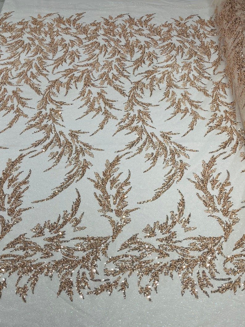 Fashion Beaded Lace With Glitter Mesh Fabric - Hand Beaded Vine Lace, Glitter Mesh, 54" Width (1 Yard)