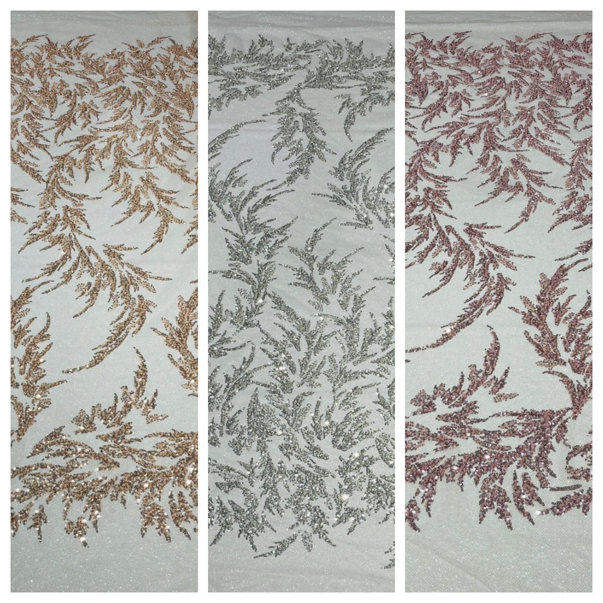 Fashion Beaded Lace With Glitter Mesh Fabric - Hand Beaded Vine Lace, Glitter Mesh, 54" Width (1 Yard)