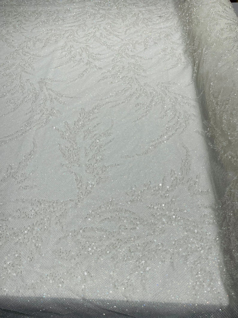 Fashion Beaded Lace With Glitter Mesh Fabric - Hand Beaded Vine Lace, Glitter Mesh, 54" Width (1 Yard)
