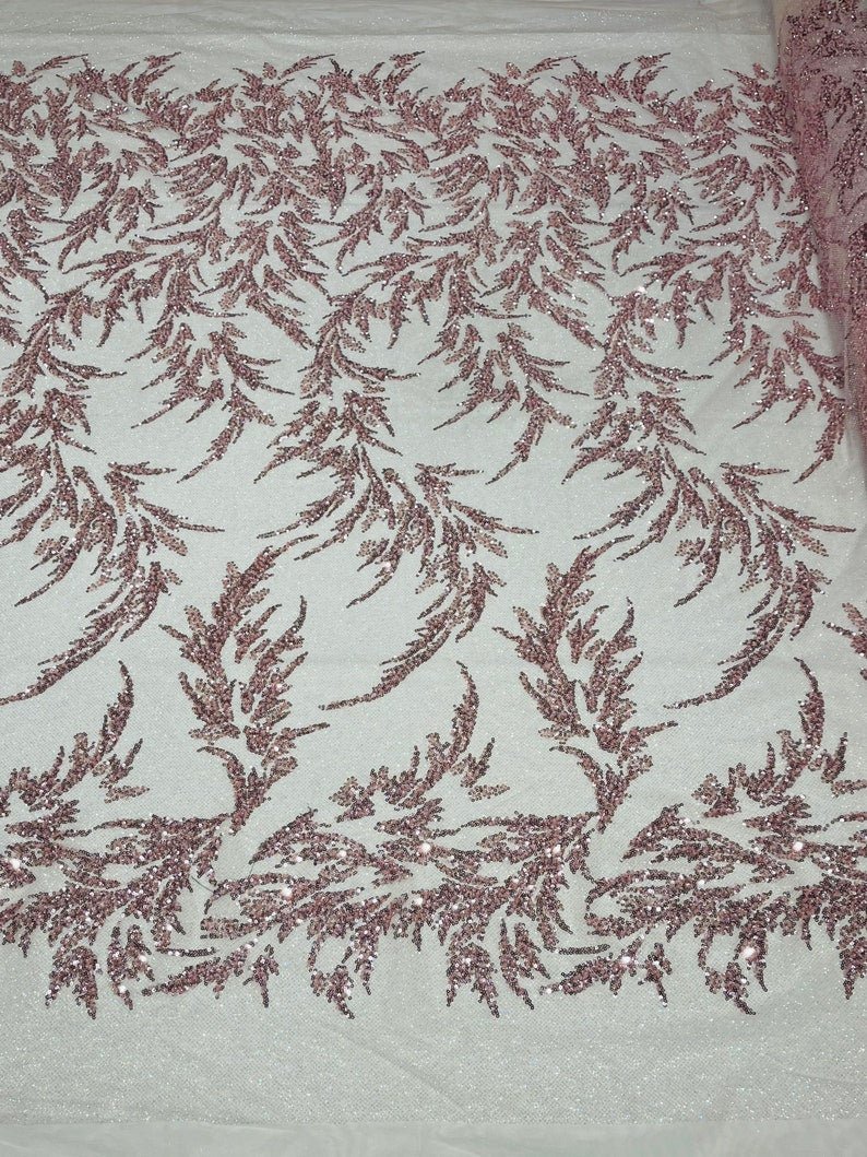 Fashion Beaded Lace With Glitter Mesh Fabric - Hand Beaded Vine Lace, Glitter Mesh, 54" Width (1 Yard)