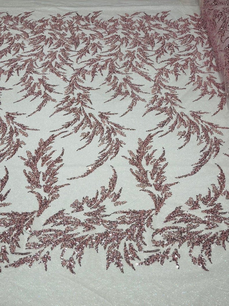 Fashion Beaded Lace With Glitter Mesh Fabric - Hand Beaded Vine Lace, Glitter Mesh, 54" Width (1 Yard)