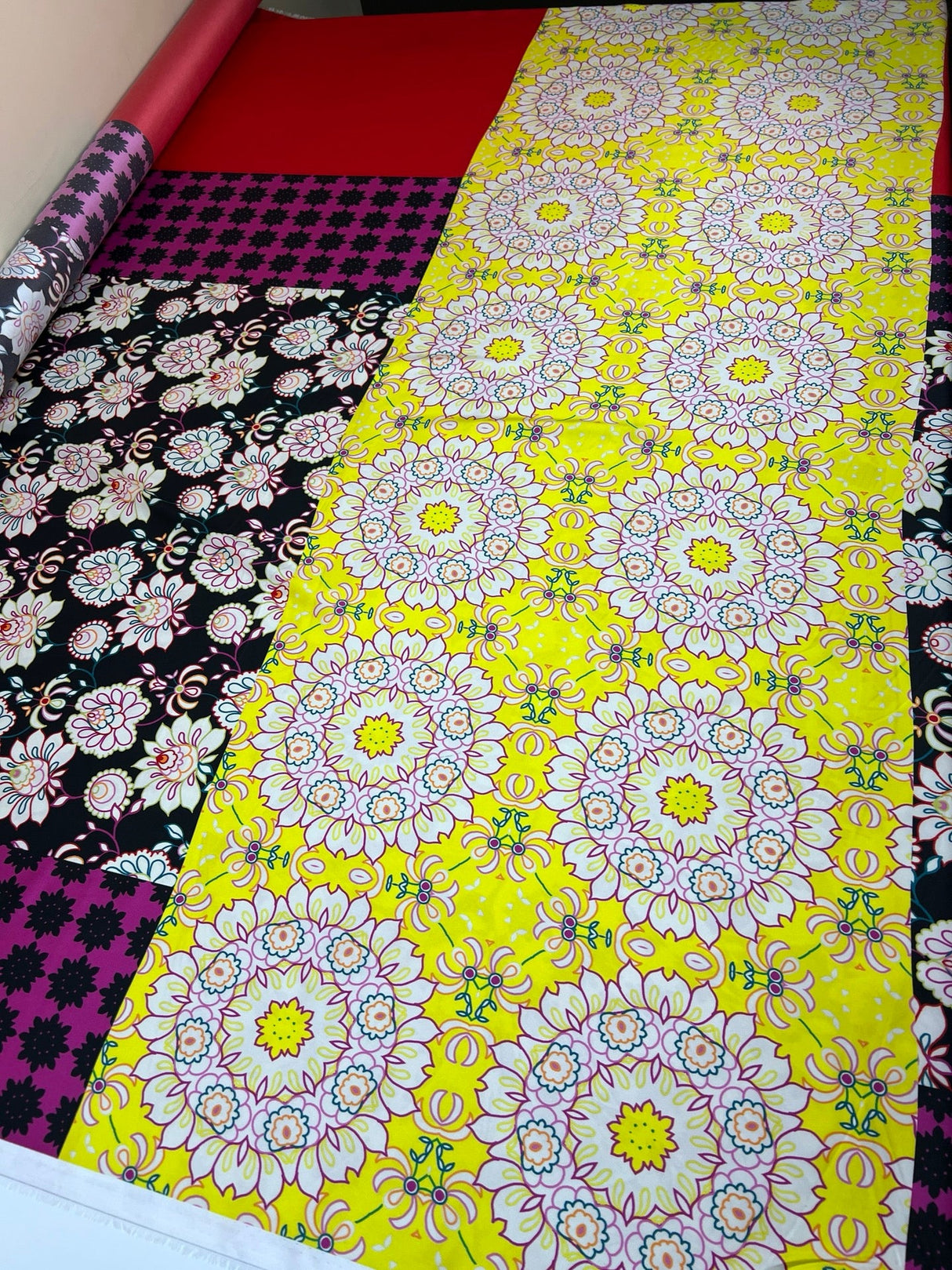 Polyester Sateen Printed Black Purple Floral