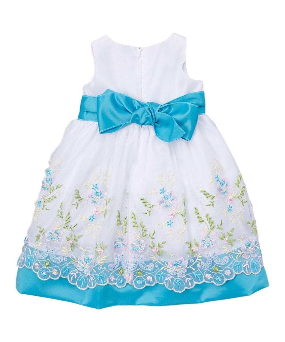 Embroidered Party Dress With Sash And Flower Girls Fancy Dresses - Embroidered Party Dress, Ivory, Aqua, Burgundy, Purple, Peach, Pink, 12Month To 10 (1 Piece)
