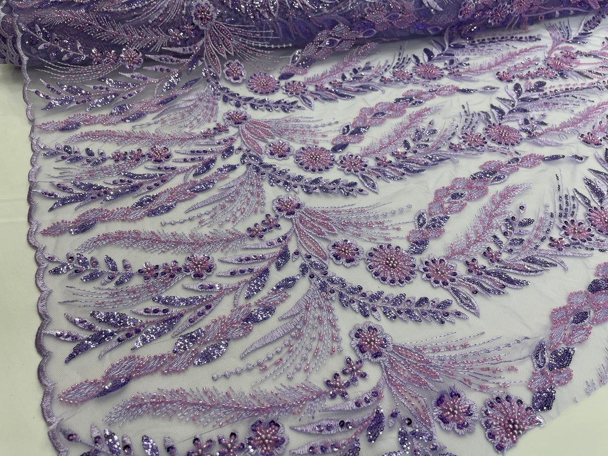 Feather And Vine Beaded Lace Fabric - Feather And Vine Pattern, 54" Width (1 Yard)