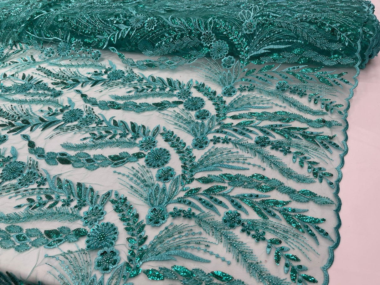 Feather And Vine Beaded Lace Fabric - Feather And Vine Pattern, 54" Width (1 Yard)