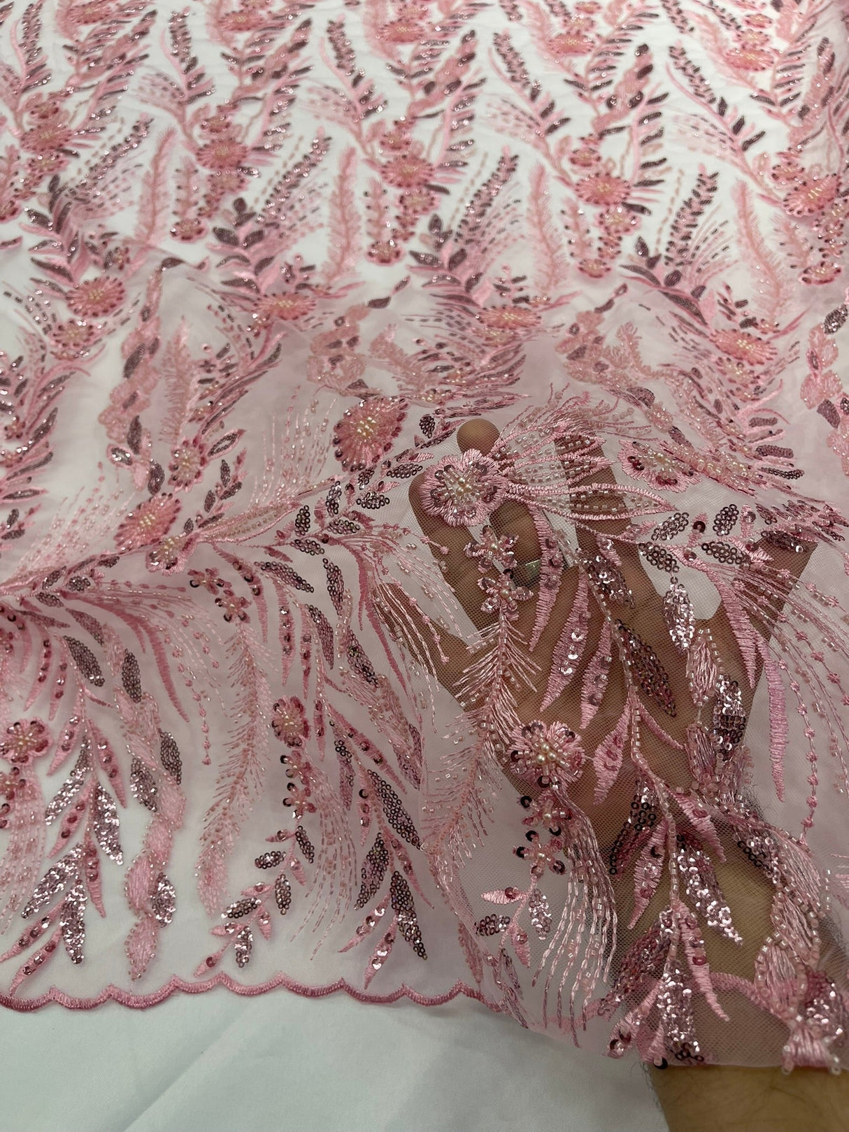Feather And Vine Beaded Lace Fabric - Feather And Vine Pattern, 54" Width (1 Yard)