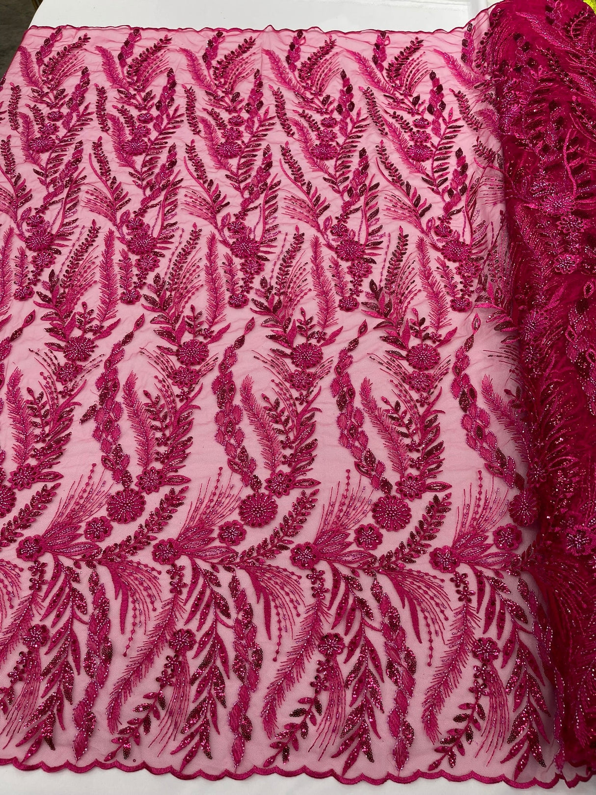 Feather And Vine Beaded Lace Fabric - Feather And Vine Pattern, 54" Width (1 Yard)