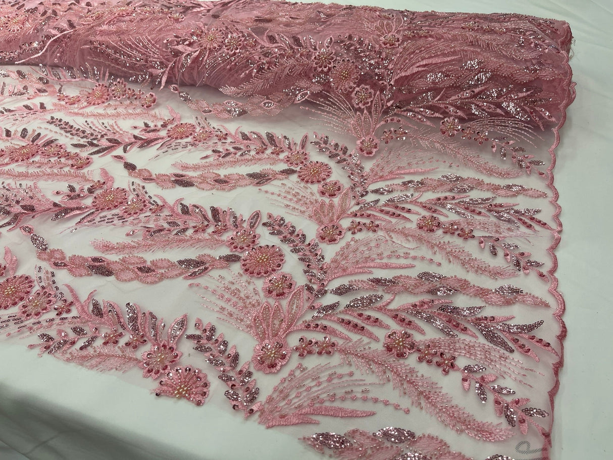 Feather And Vine Beaded Lace Fabric - Feather And Vine Pattern, 54" Width (1 Yard)