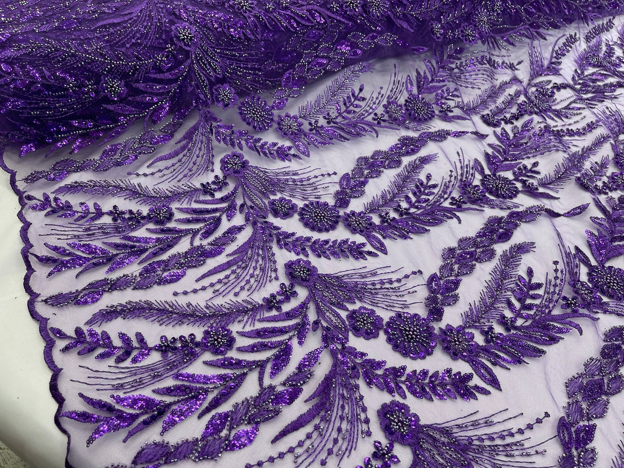 Feather And Vine Beaded Lace Fabric - Feather And Vine Pattern, 54" Width (1 Yard)