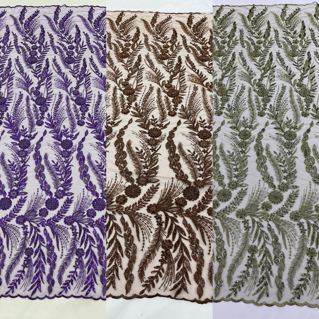 Feather And Vine Beaded Lace Fabric - Feather And Vine Pattern, 54" Width (1 Yard)