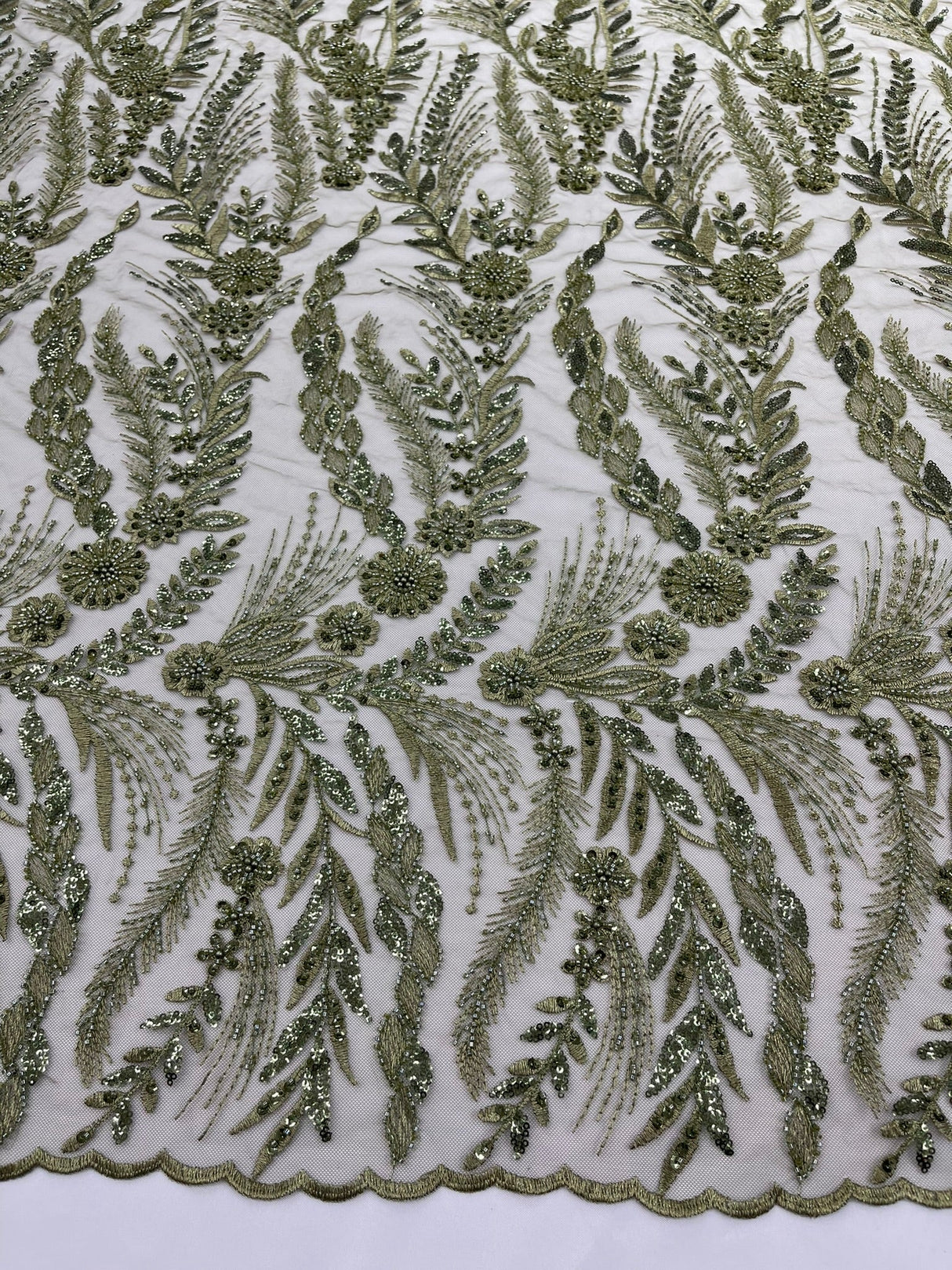 Feather And Vine Beaded Lace Fabric - Feather And Vine Pattern, 54" Width (1 Yard)