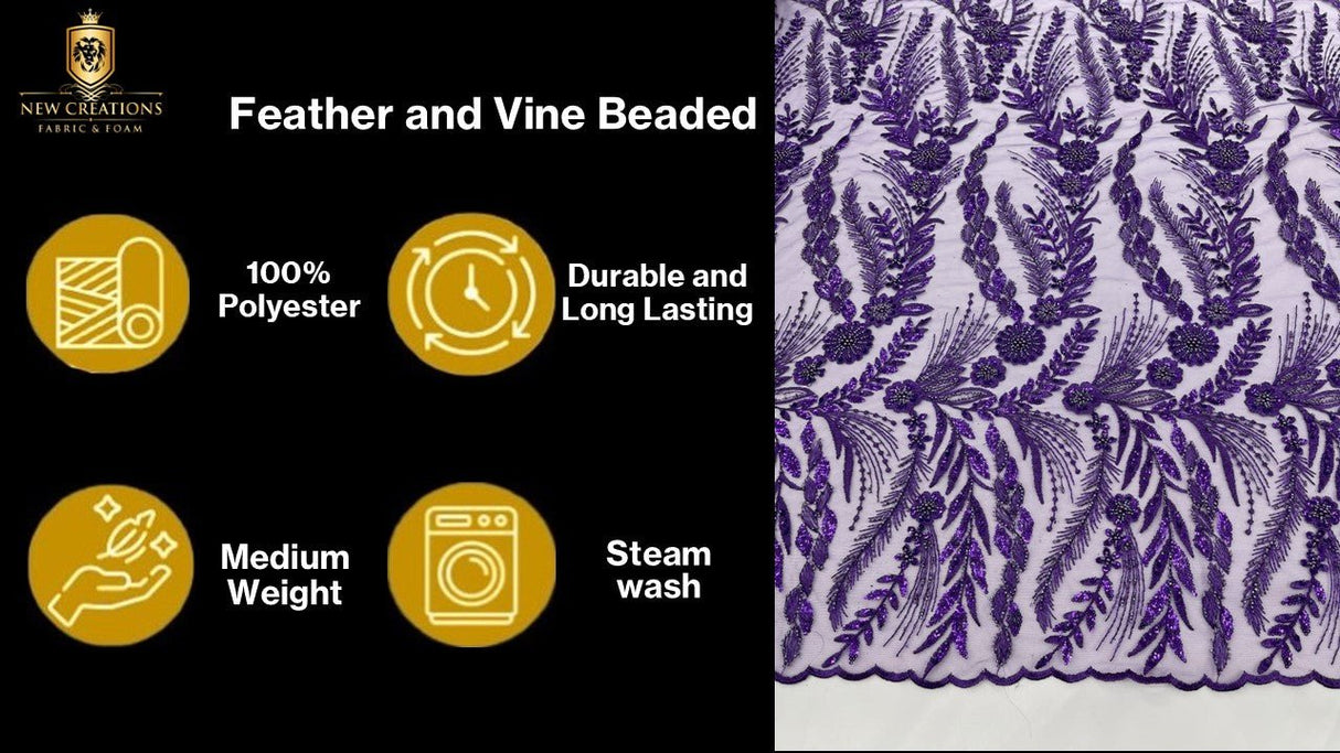 Feather And Vine Beaded Lace Fabric - Feather And Vine Pattern, 54" Width (1 Yard)