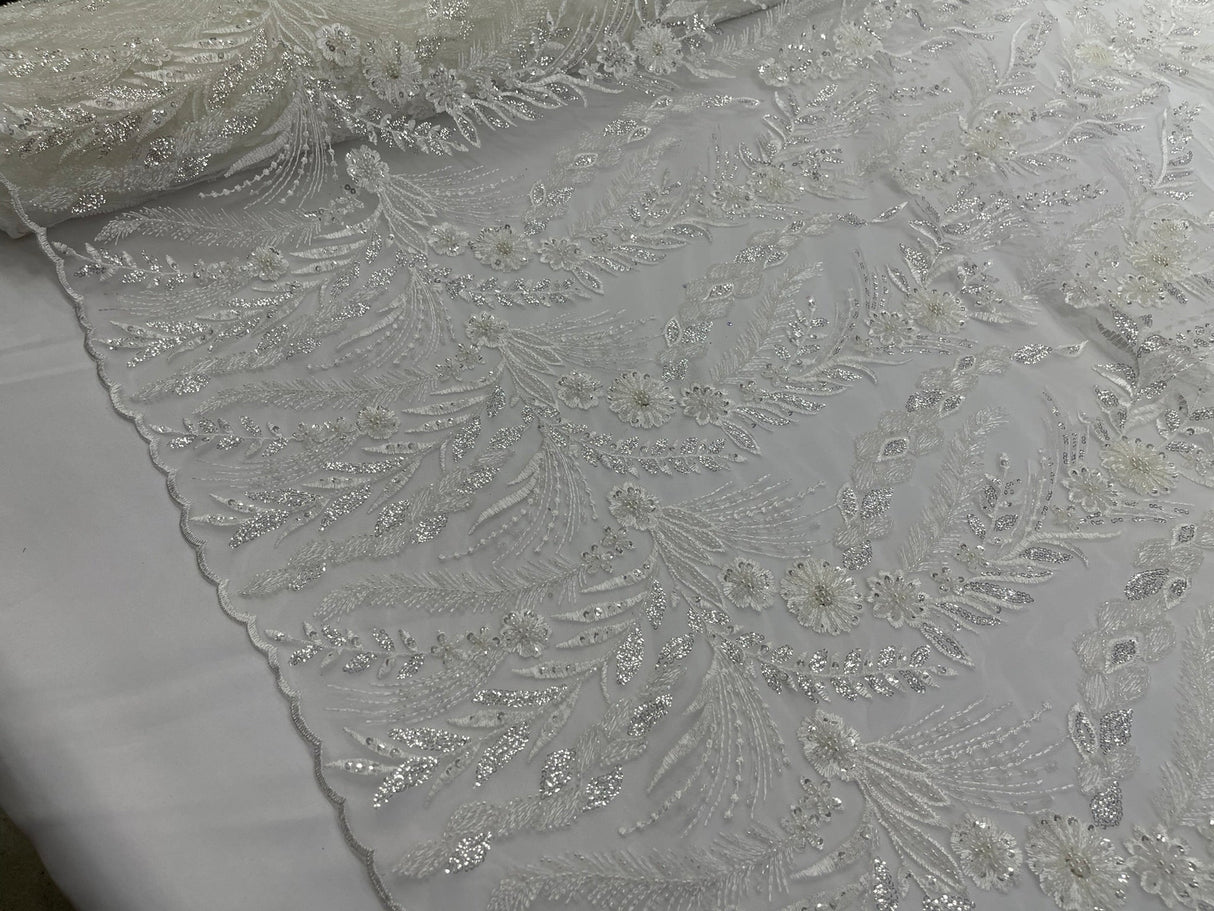 Feather And Vine Beaded Lace Fabric - Feather And Vine Pattern, 54" Width (1 Yard)