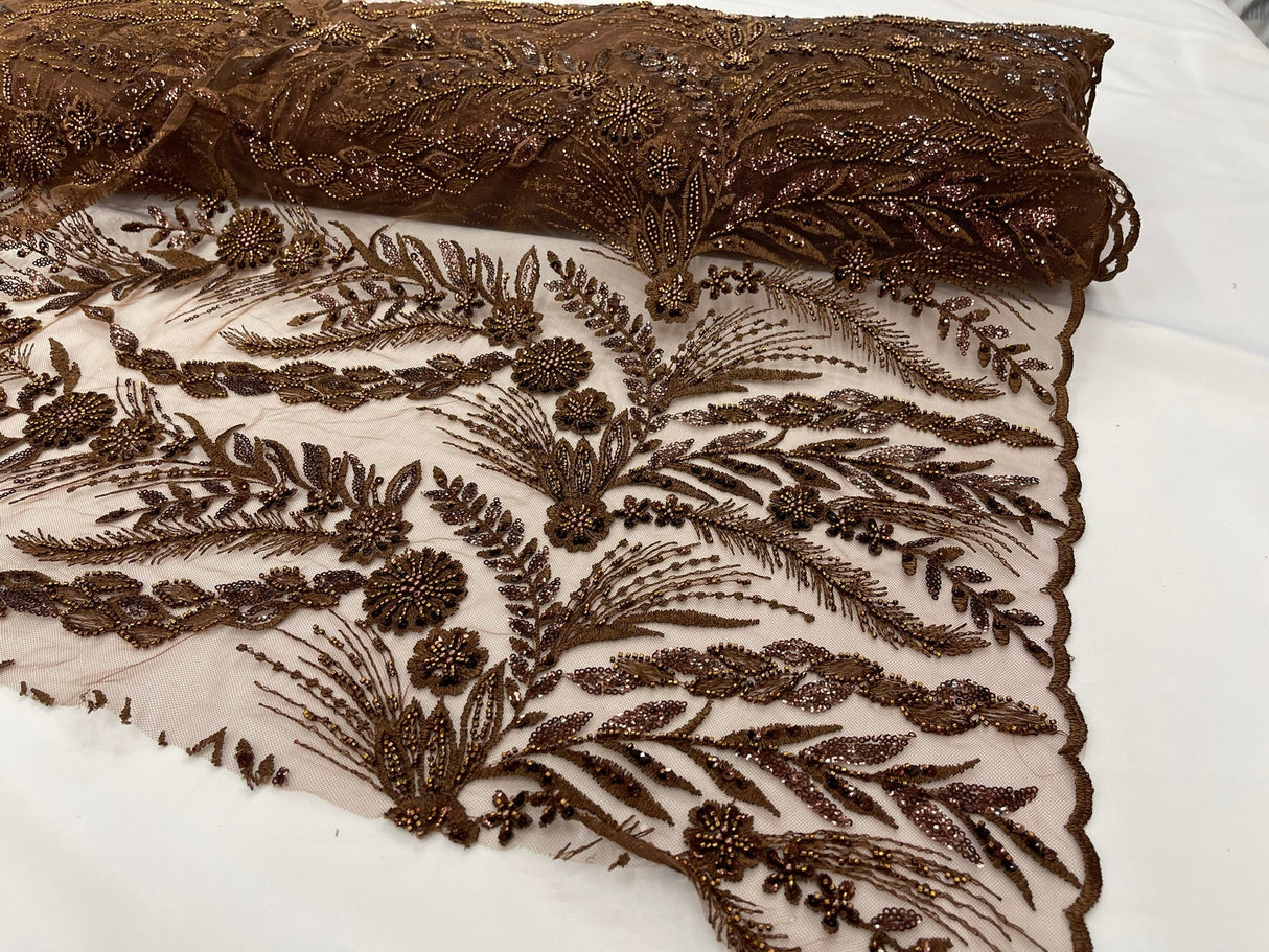 Feather And Vine Beaded Lace Fabric - Feather And Vine Pattern, 54" Width (1 Yard)