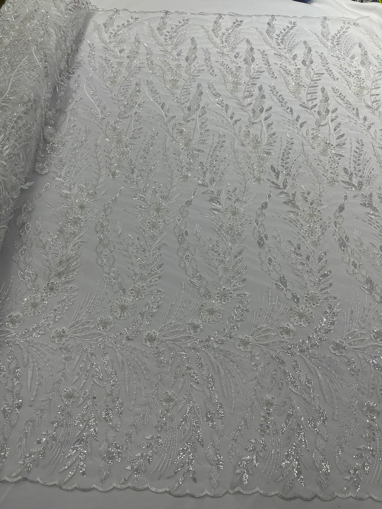 Feather And Vine Beaded Lace Fabric - Feather And Vine Pattern, 54" Width (1 Yard)