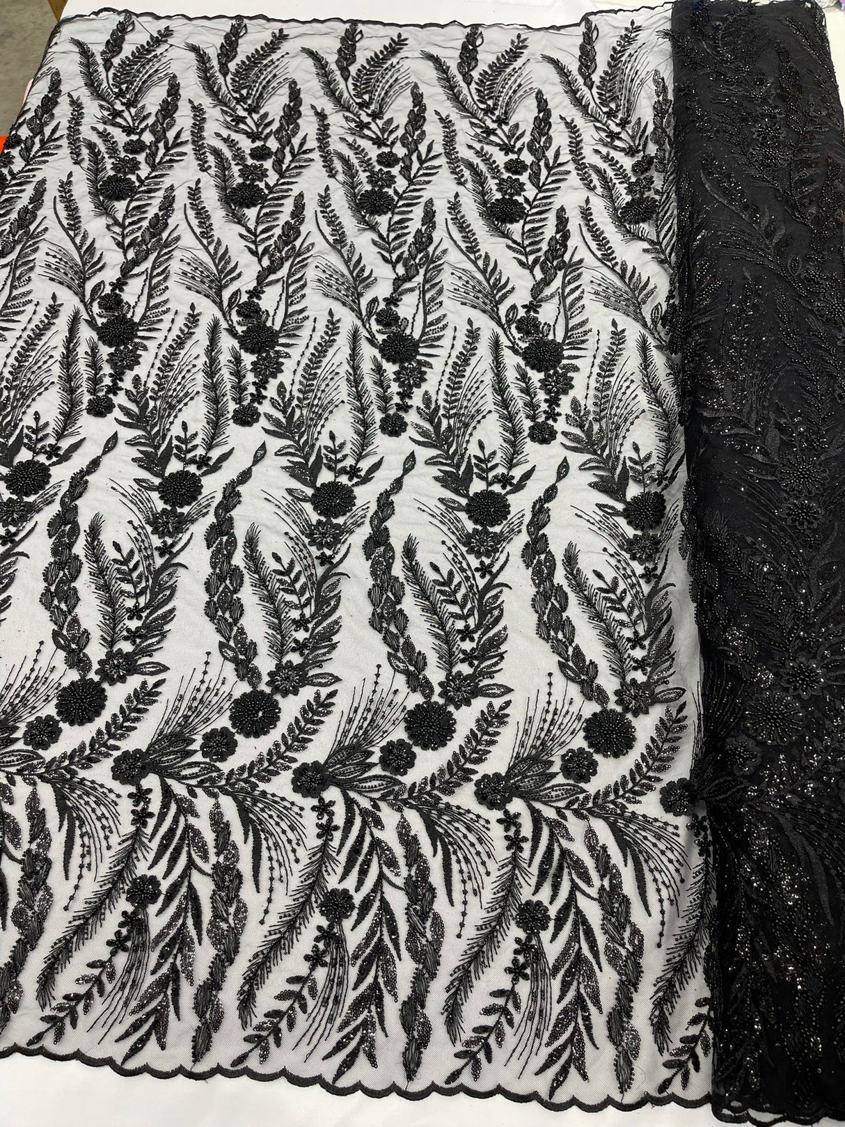 Feather And Vine Beaded Lace Fabric - Feather And Vine Pattern, 54" Width (1 Yard)