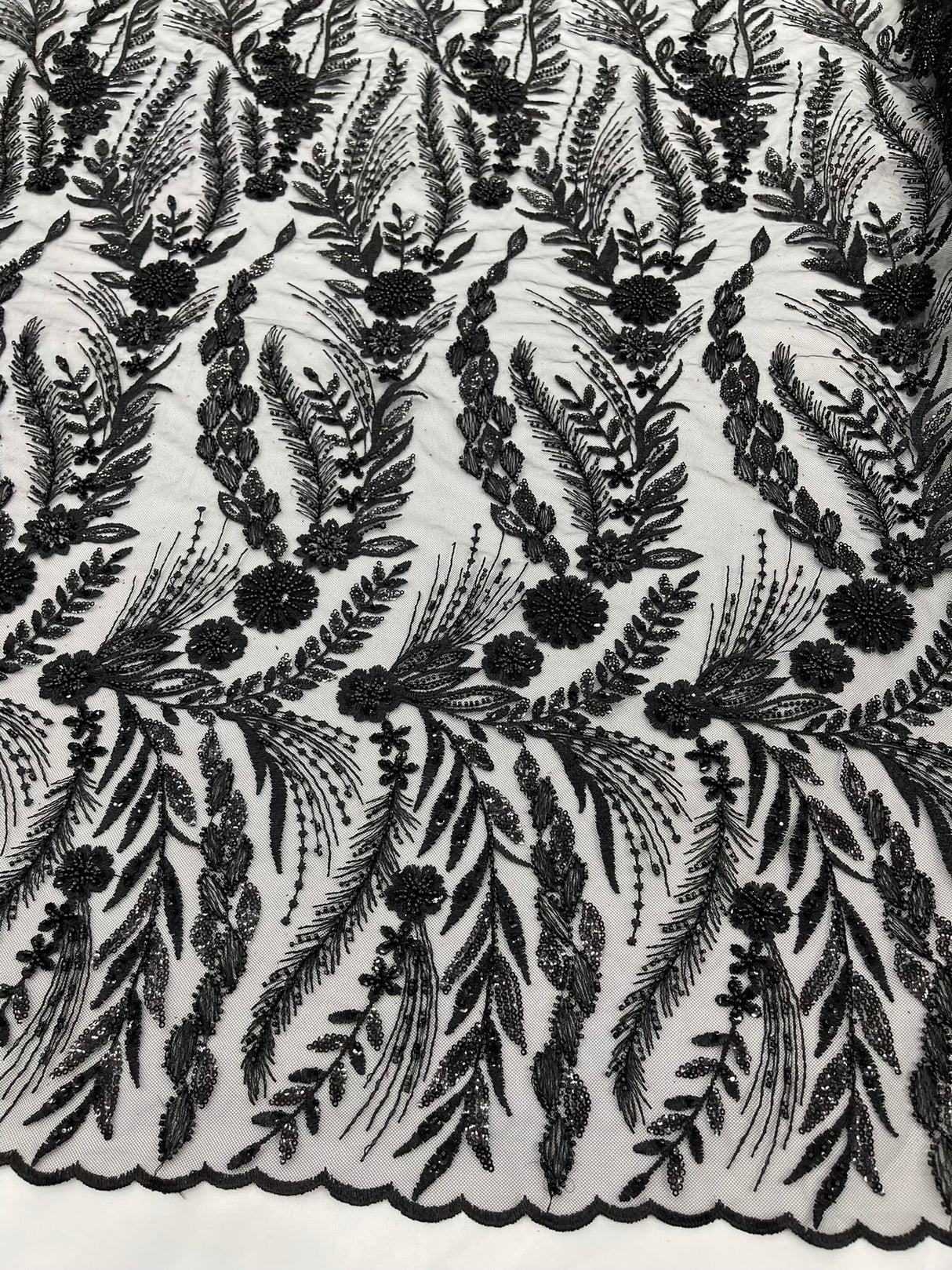 Feather And Vine Beaded Lace Fabric - Feather And Vine Pattern, 54" Width (1 Yard)