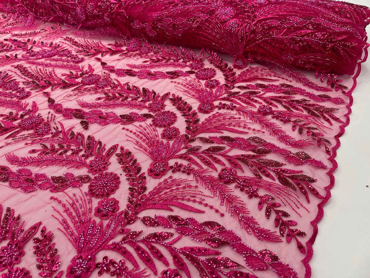 Feather And Vine Beaded Lace Fabric - Feather And Vine Pattern, 54" Width (1 Yard)