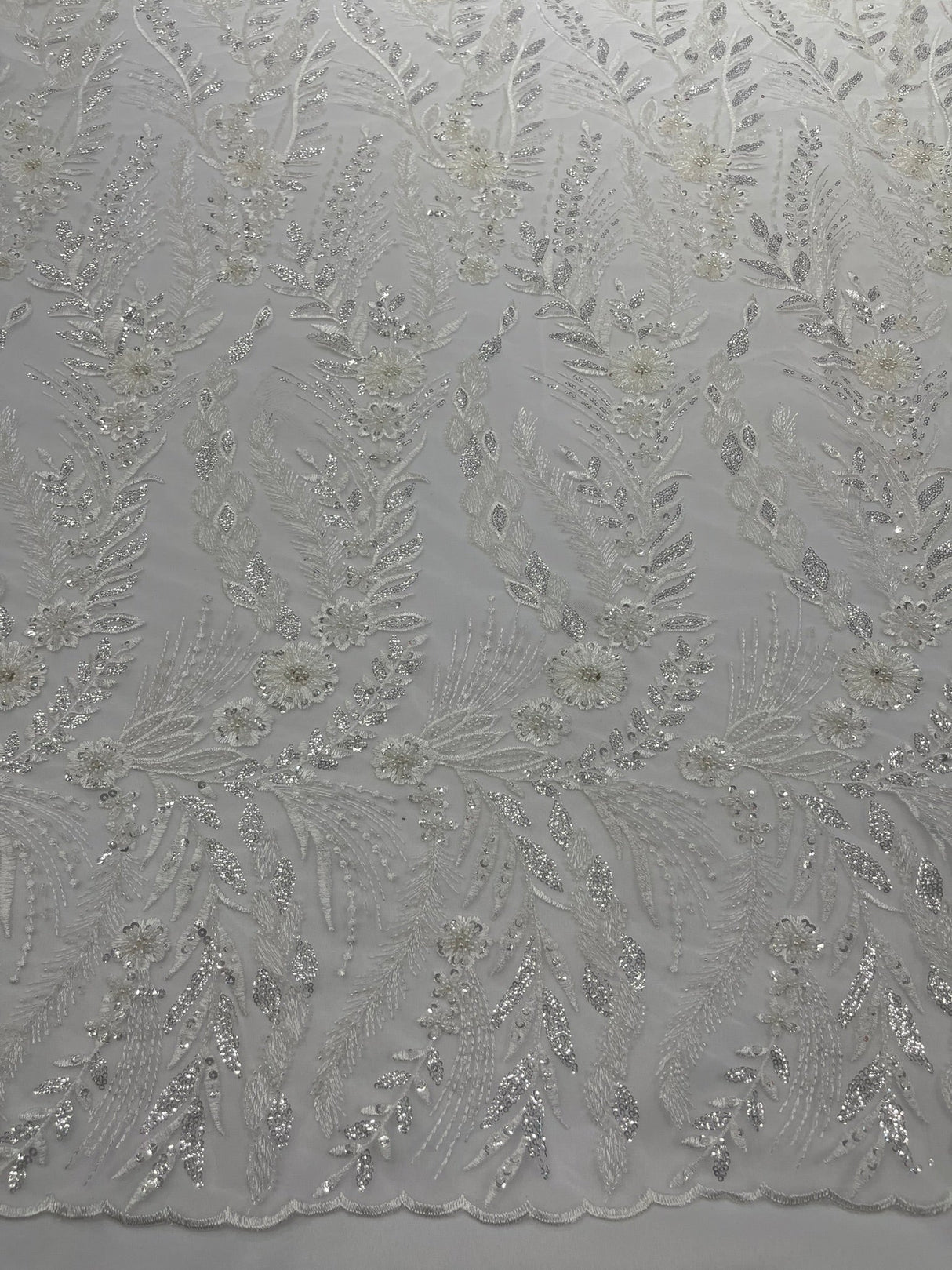 Feather And Vine Beaded Lace Fabric - Feather And Vine Pattern, 54" Width (1 Yard)
