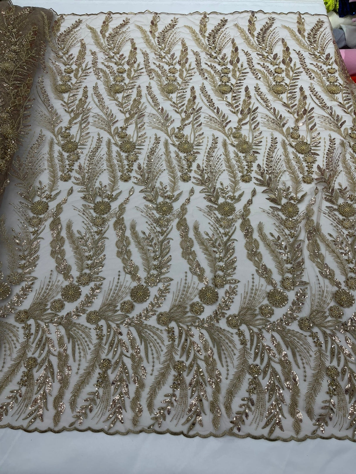 Feather And Vine Beaded Lace Fabric - Feather And Vine Pattern, 54" Width (1 Yard)