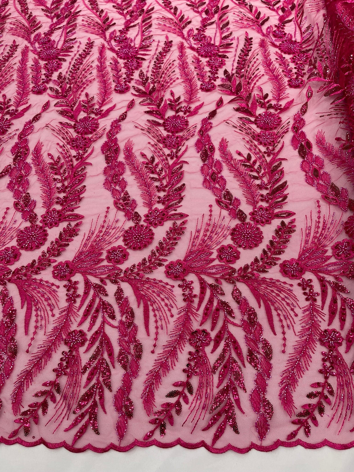 Feather And Vine Beaded Lace Fabric - Feather And Vine Pattern, 54" Width (1 Yard)