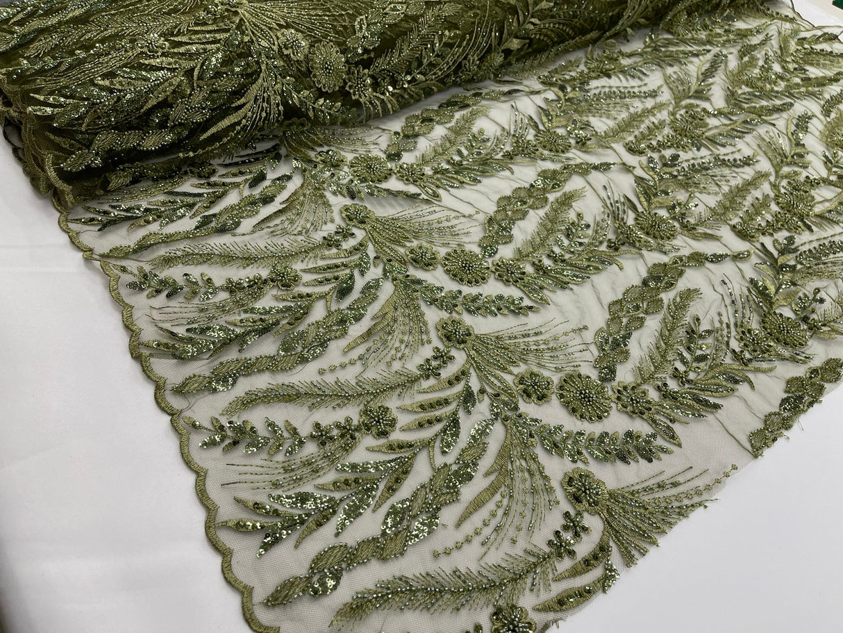 Feather And Vine Beaded Lace Fabric - Feather And Vine Pattern, 54" Width (1 Yard)