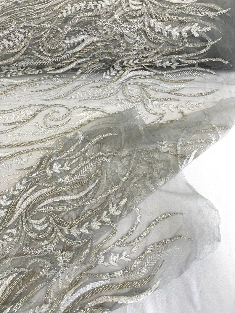 Phoenix Feather Beaded Lace Hand Beaded Lace Fabric - Gold, Hunter Green, Beige, Blush Pink, Ivory, Lavender, Red, Royal Blue, Silver, Black, 54" Width (1 Yard)
