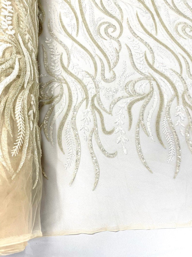 Phoenix Feather Beaded Lace Hand Beaded Lace Fabric - Gold, Hunter Green, Beige, Blush Pink, Ivory, Lavender, Red, Royal Blue, Silver, Black, 54" Width (1 Yard)