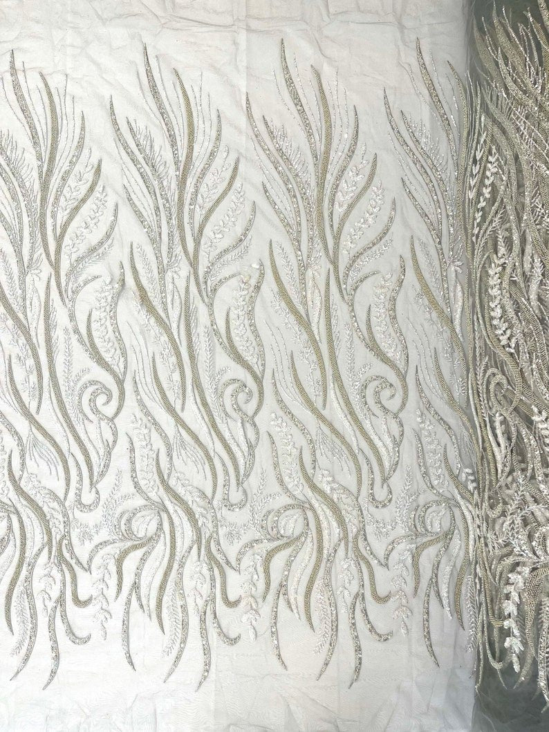 Phoenix Feather Beaded Lace Hand Beaded Lace Fabric - Gold, Hunter Green, Beige, Blush Pink, Ivory, Lavender, Red, Royal Blue, Silver, Black, 54" Width (1 Yard)
