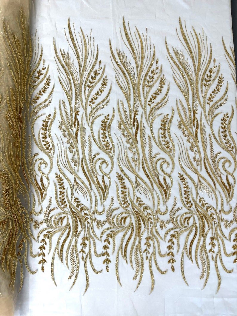 Phoenix Feather Beaded Lace Hand Beaded Lace Fabric - Gold, Hunter Green, Beige, Blush Pink, Ivory, Lavender, Red, Royal Blue, Silver, Black, 54" Width (1 Yard)