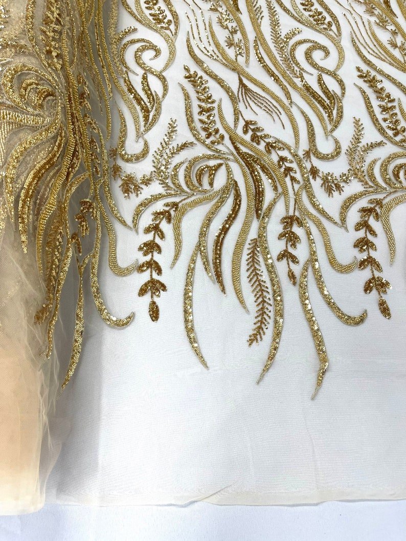 Phoenix Feather Beaded Lace Hand Beaded Lace Fabric - Gold, Hunter Green, Beige, Blush Pink, Ivory, Lavender, Red, Royal Blue, Silver, Black, 54" Width (1 Yard)