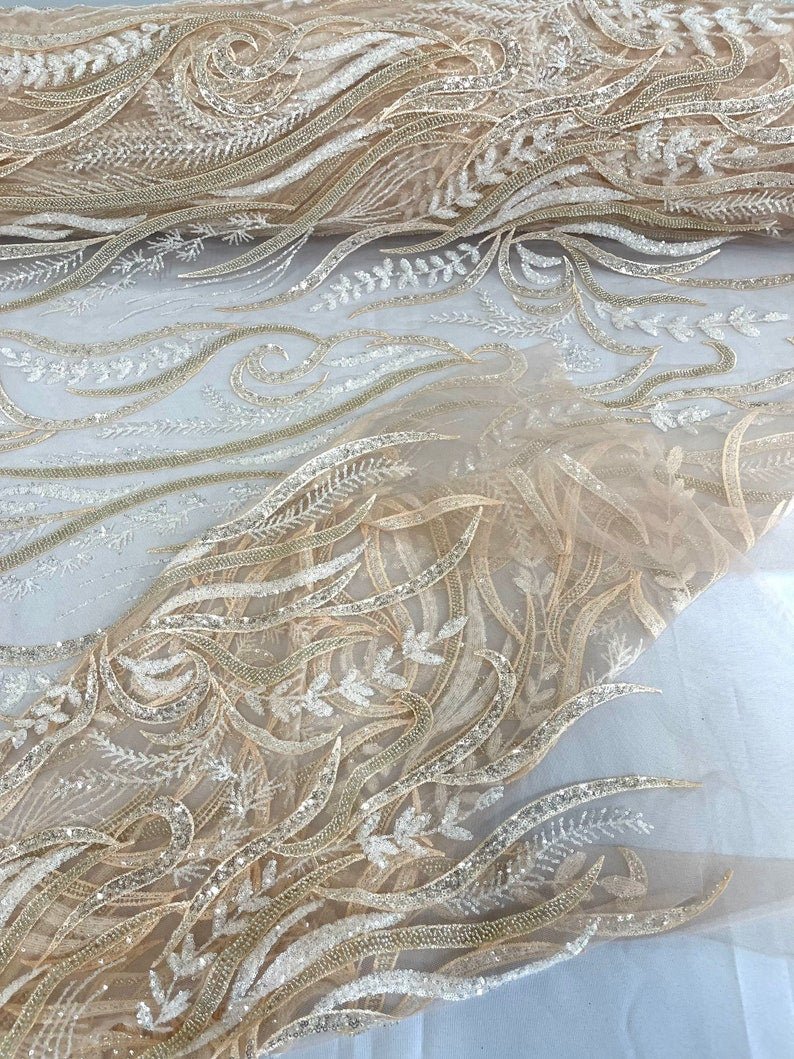 Phoenix Feather Beaded Lace Hand Beaded Lace Fabric - Gold, Hunter Green, Beige, Blush Pink, Ivory, Lavender, Red, Royal Blue, Silver, Black, 54" Width (1 Yard)