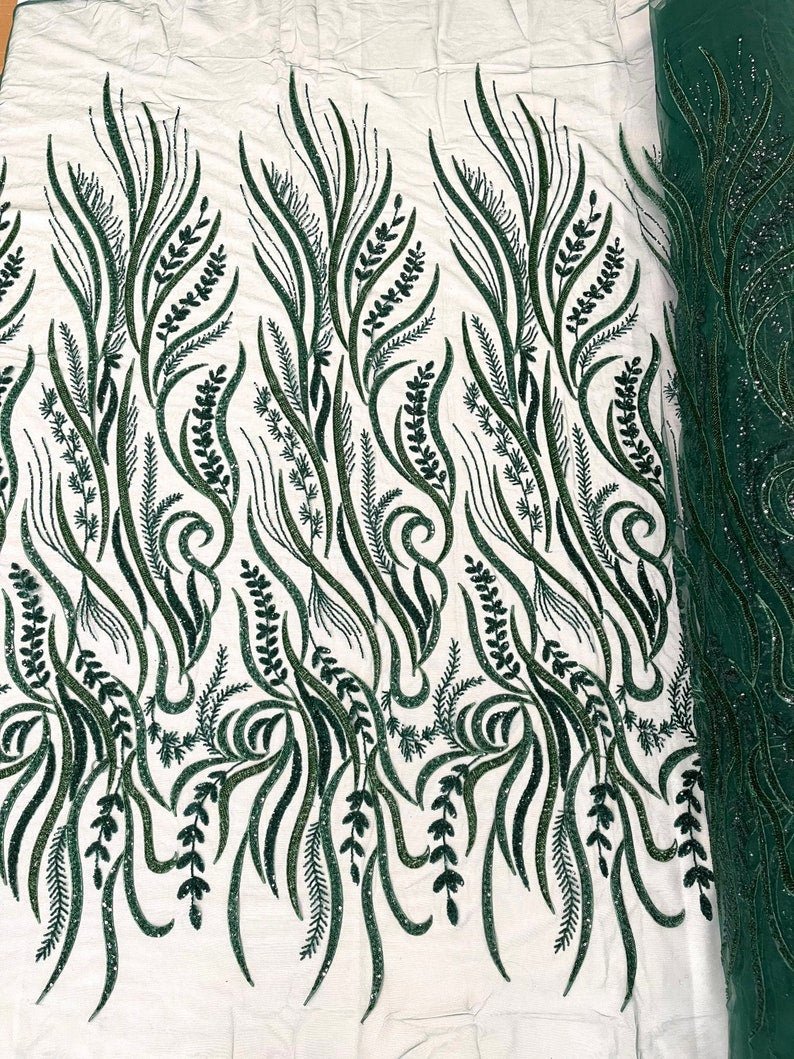 Phoenix Feather Beaded Lace Hand Beaded Lace Fabric - Gold, Hunter Green, Beige, Blush Pink, Ivory, Lavender, Red, Royal Blue, Silver, Black, 54" Width (1 Yard)