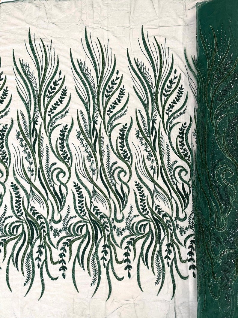 Phoenix Feather Beaded Lace Hand Beaded Lace Fabric - Gold, Hunter Green, Beige, Blush Pink, Ivory, Lavender, Red, Royal Blue, Silver, Black, 54" Width (1 Yard)