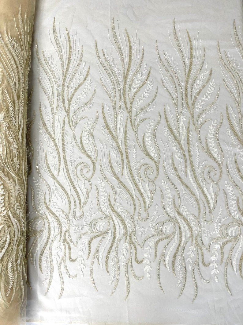 Phoenix Feather Beaded Lace Hand Beaded Lace Fabric - Gold, Hunter Green, Beige, Blush Pink, Ivory, Lavender, Red, Royal Blue, Silver, Black, 54" Width (1 Yard)